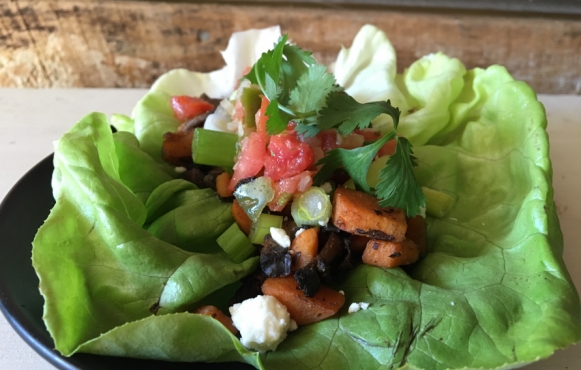 Portobello Sweet Potato Lettuce Wrap, Edible Indy, Vegetarian