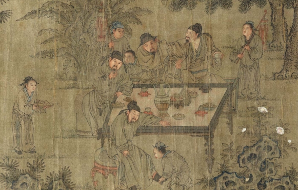 元朝,1260 - 1368;晚上文学聚会(细节)。Handscroll;油墨和颜色在丝绸上,26.2×160厘米。私人收藏。摄影:赵Lem